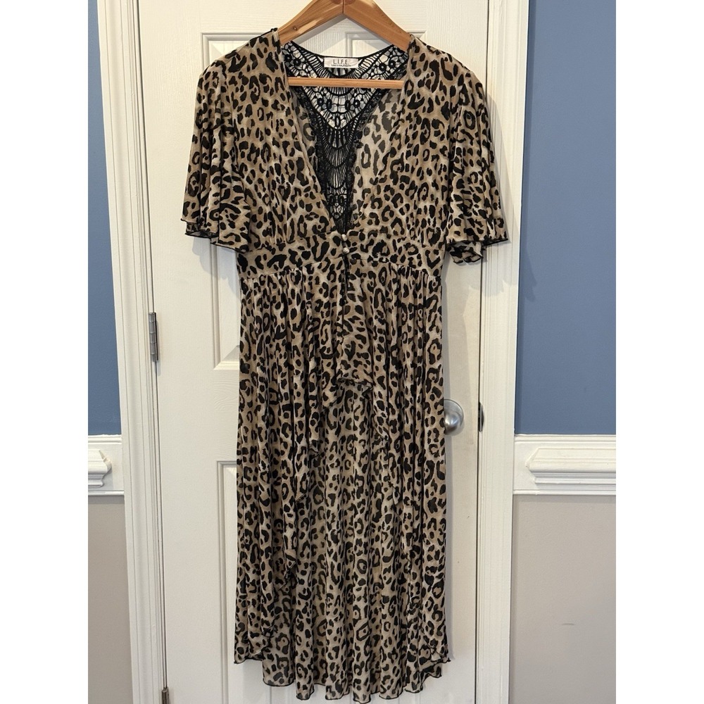 LIFE Leopard Mesh Sheer Boho Cottage Dress L Classic Spring Church Feminine